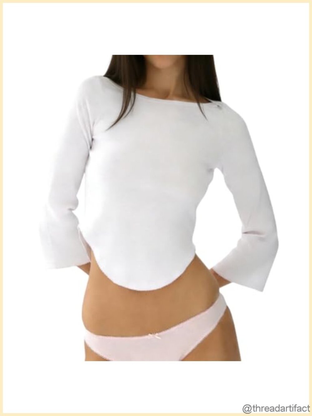 Women Y2K Boat Neck 3/4 Sleeve Crop Top Curved Hem Picot Trim Slim Fit